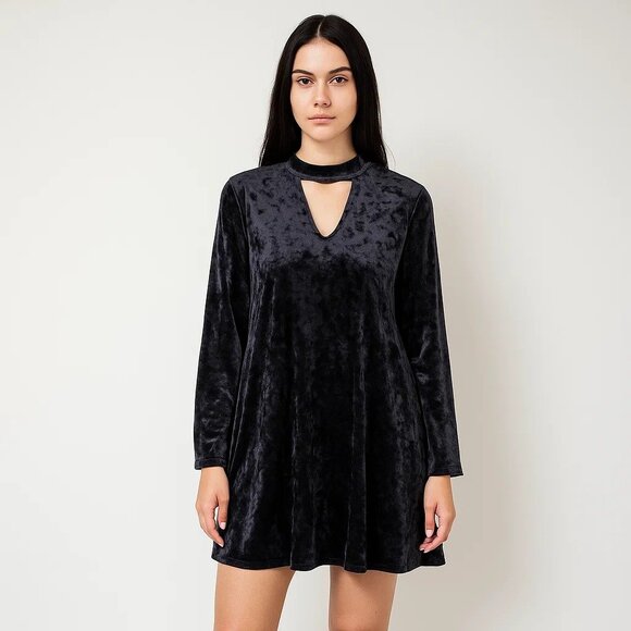 Vintage M Fasis Black Crushed Velvet Dark Academia Gothic Witchy Chic Dress XL - Picture 1 of 8